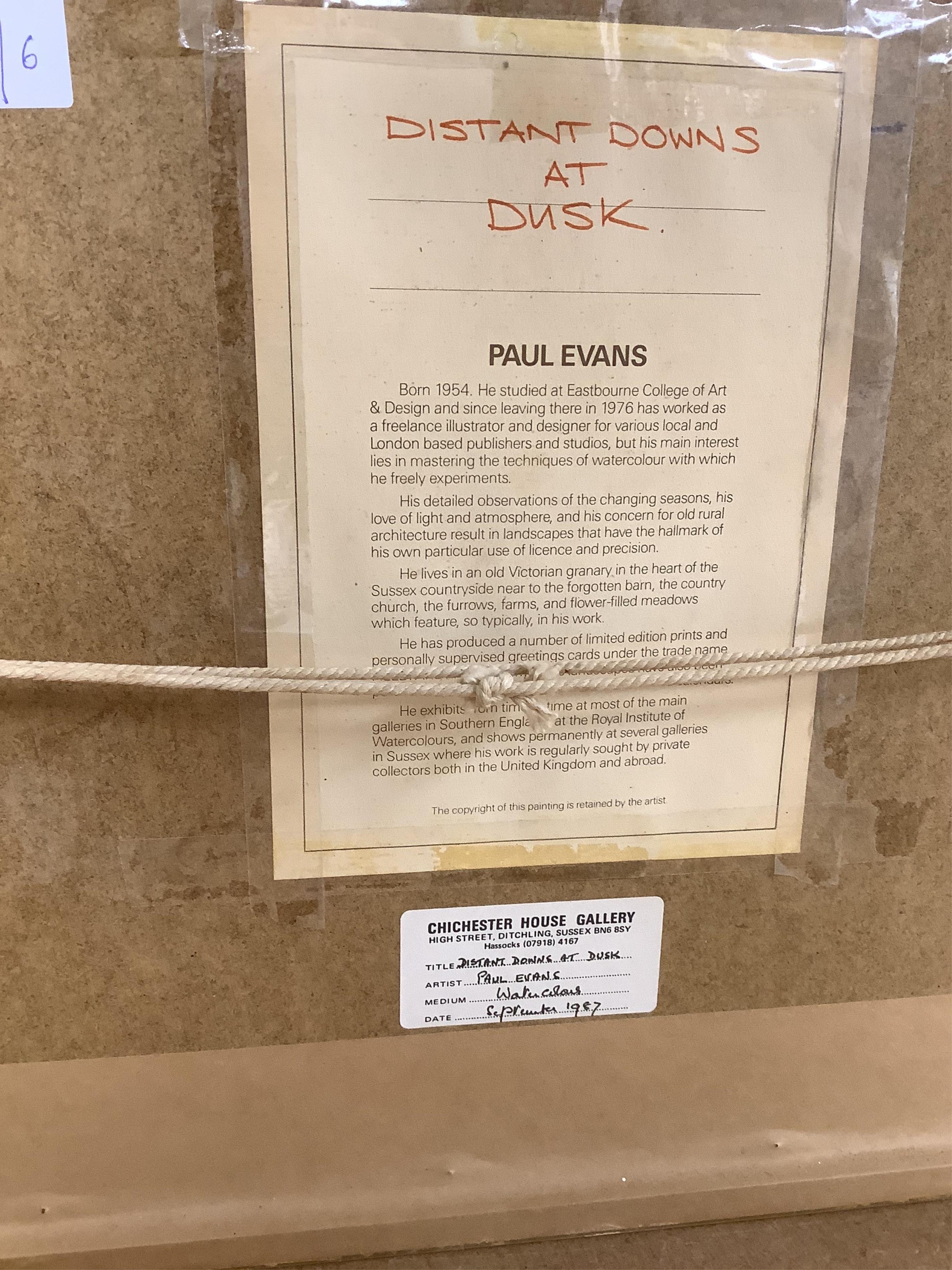 Paul Evans (b.1950), ‘Distant Downs at Dusk’, signed, Chichester House Gallery inscribed label verso, gouache, 20 x 27cm